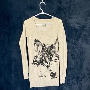 KIRRA Wolf Printed Design Casual Long Crew Neck Sweater Womans Size Extra Small